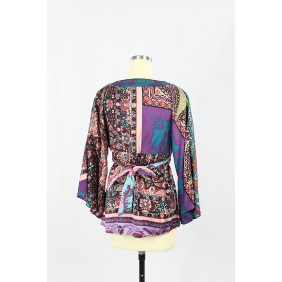ALICE & TRIXIE Multi Color Scarf Print Silk Satin V-Neck Wrap Blouse, Size M - Picture 3 of 14